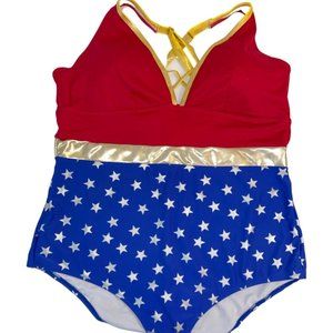 WONDER WOMAN RED & GOLD STAR WIRELESS ONE-PIECE SWIMSUIT
